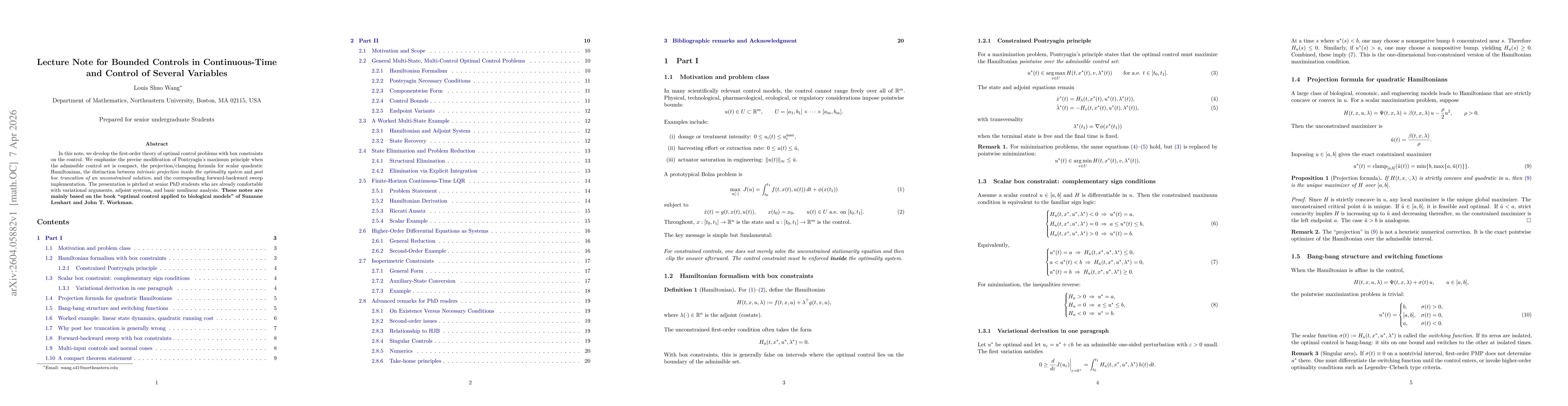 Thumbnail for Lecture Note for Bounded Controls in Continuous-Time and Control of Several Variables