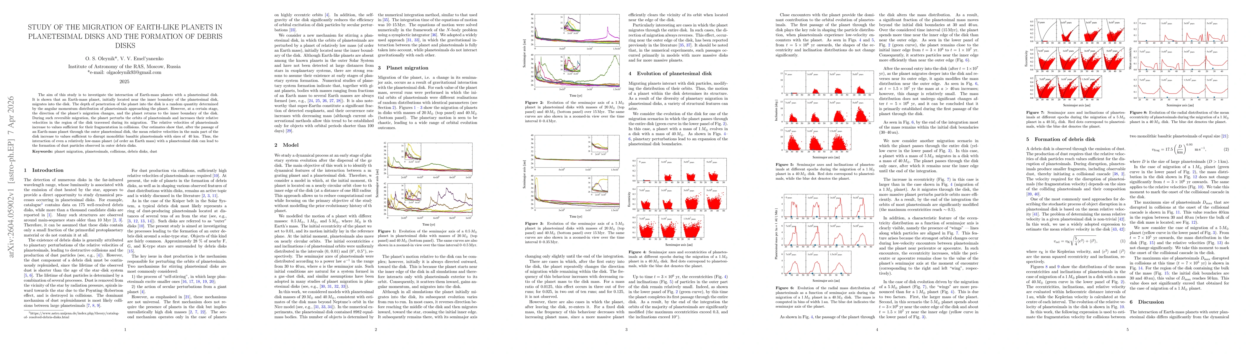 Thumbnail for Study of the migration of Earth-like planets in planetesimal disks and the formation of debris disks