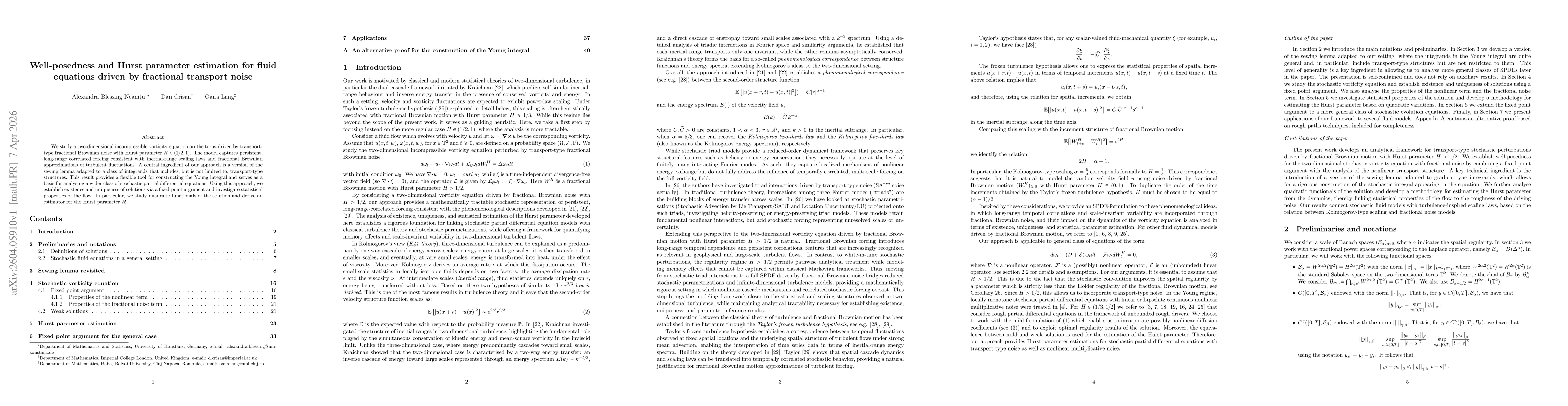 Thumbnail for Well-posedness and Hurst parameter estimation for fluid equations driven by fractional transport noise