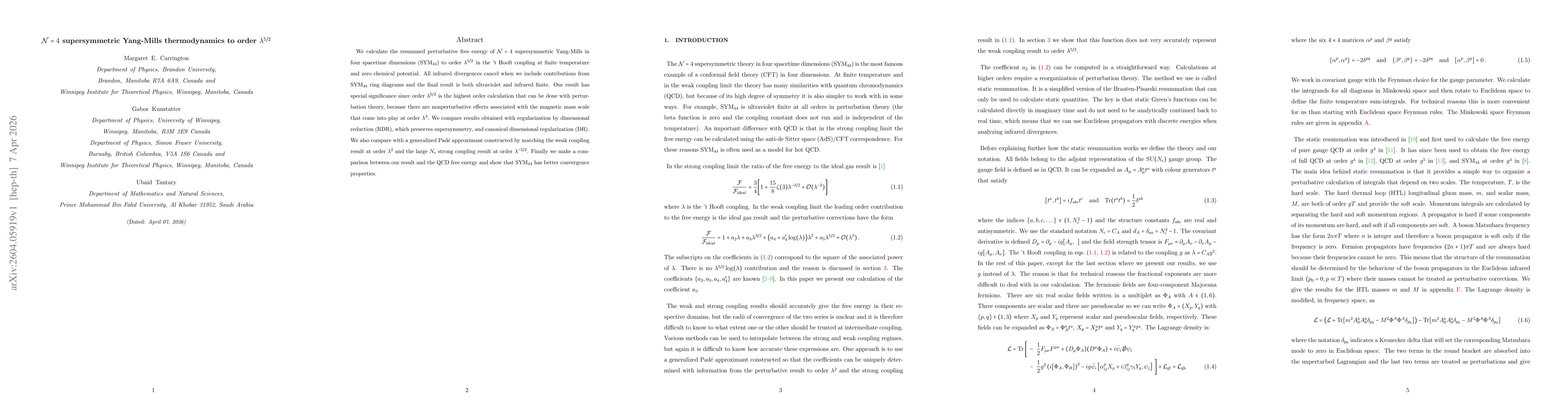 Thumbnail for ${\cal N}=4$ supersymmetric Yang-Mills thermodynamics to order $λ^{5/2}$
