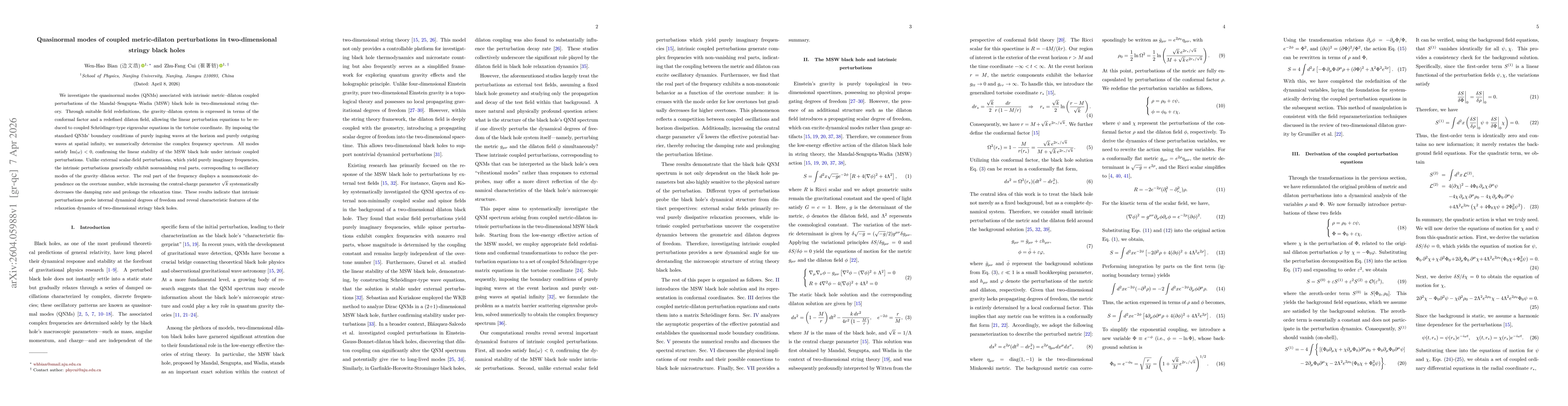 Thumbnail for Quasinormal modes of coupled metric-dilaton perturbations in two-dimensional stringy black holes