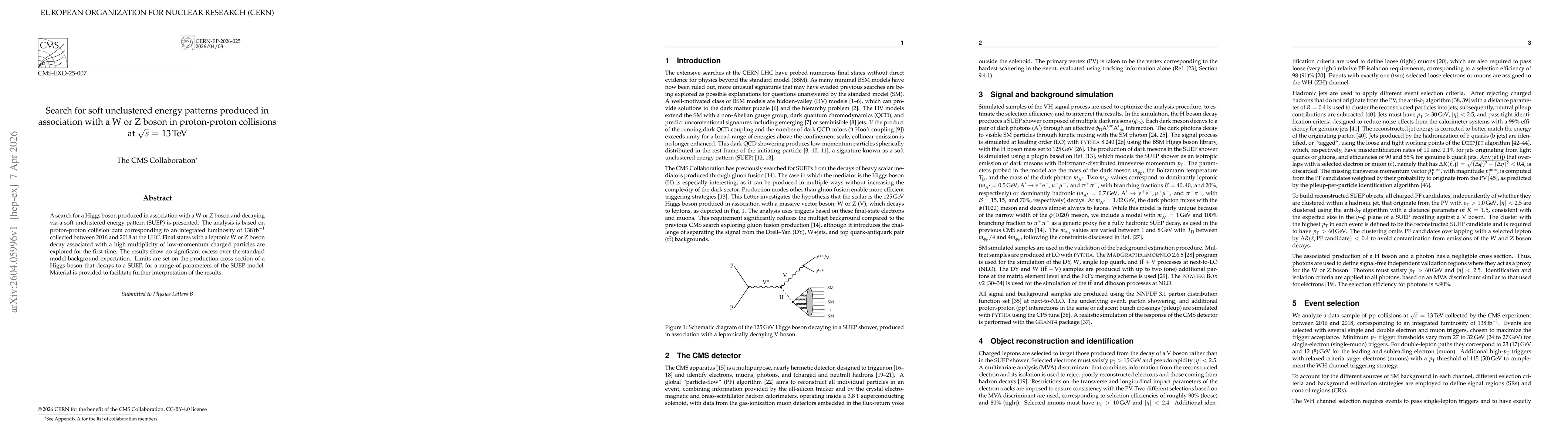 Thumbnail for Search for soft unclustered energy patterns produced in association with a W or Z boson in proton-proton collisions at $\sqrt{s}$ = 13 TeV