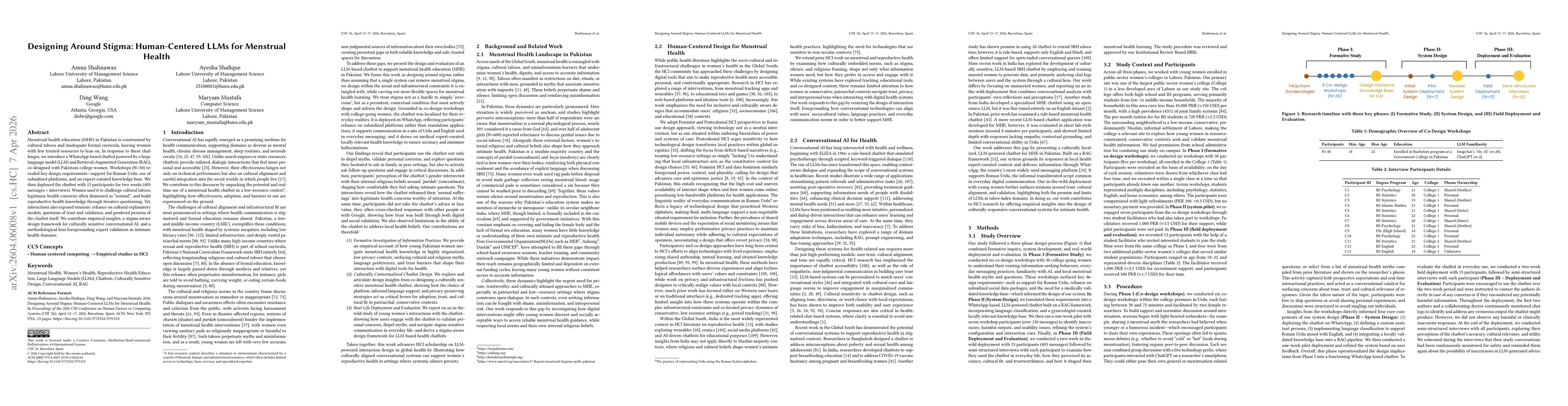 Thumbnail for Designing Around Stigma: Human-Centered LLMs for Menstrual Health