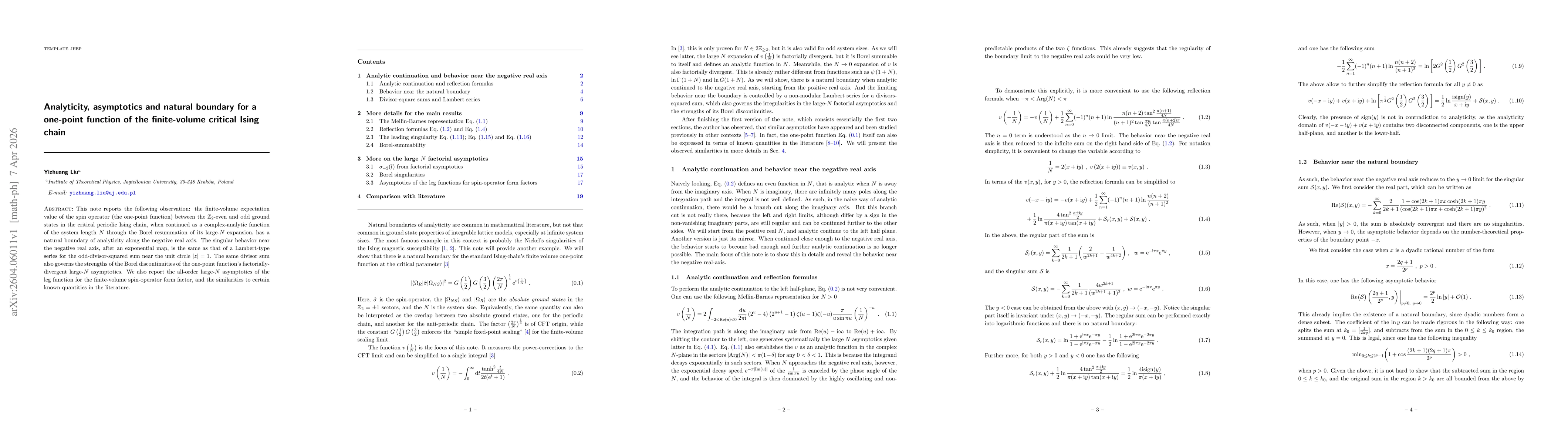 Thumbnail for Analyticity, asymptotics and natural boundary for a one-point function of the finite-volume critical Ising chain