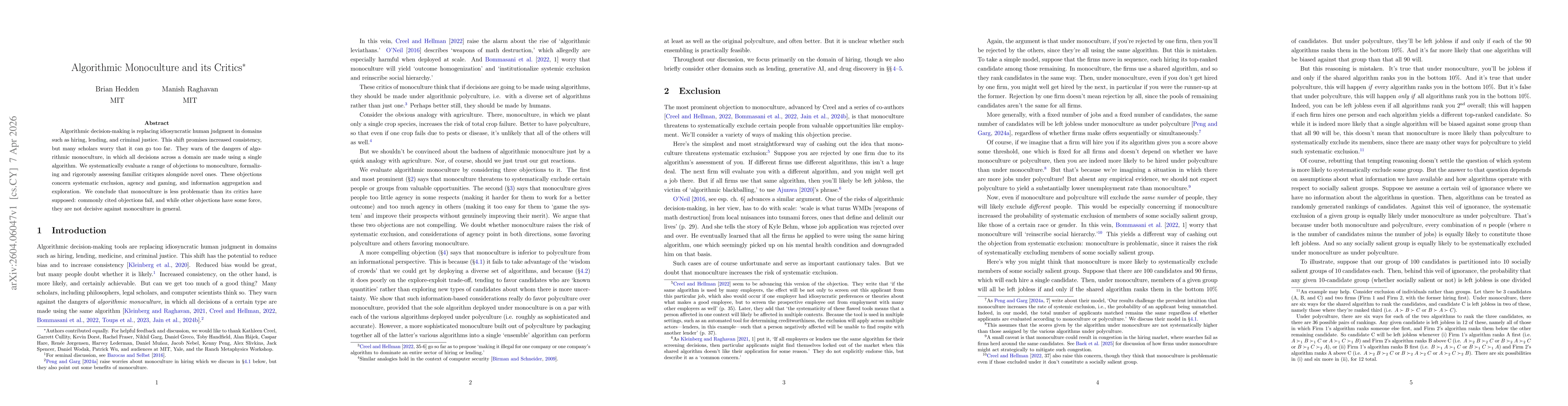 Thumbnail for Algorithmic Monoculture and its Critics