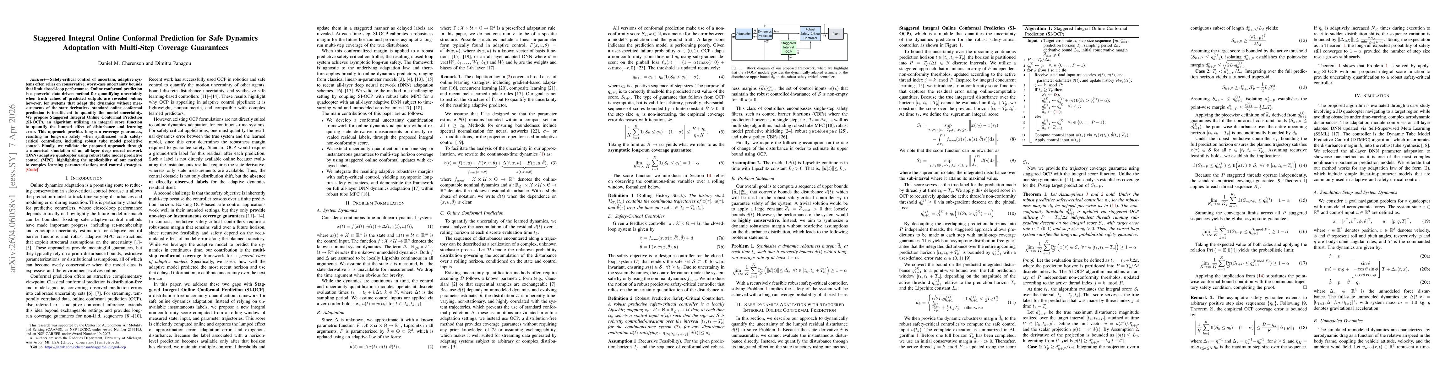 Thumbnail for Staggered Integral Online Conformal Prediction for Safe Dynamics Adaptation with Multi-Step Coverage Guarantees