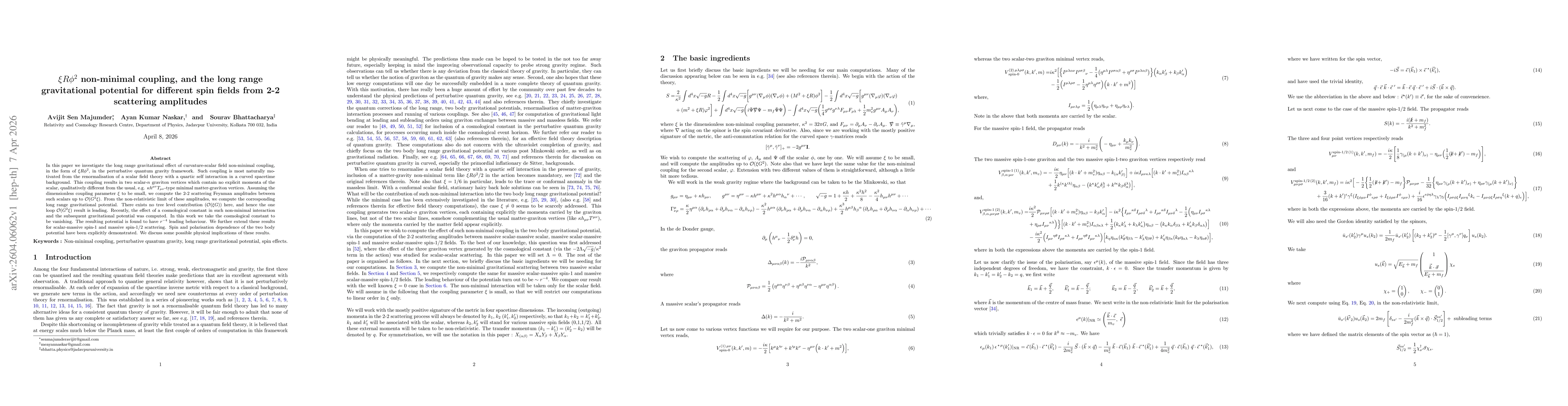 Thumbnail for $ξRφ^2$ non-minimal coupling, and the long range gravitational potential for different spin fields from 2-2 scattering amplitudes