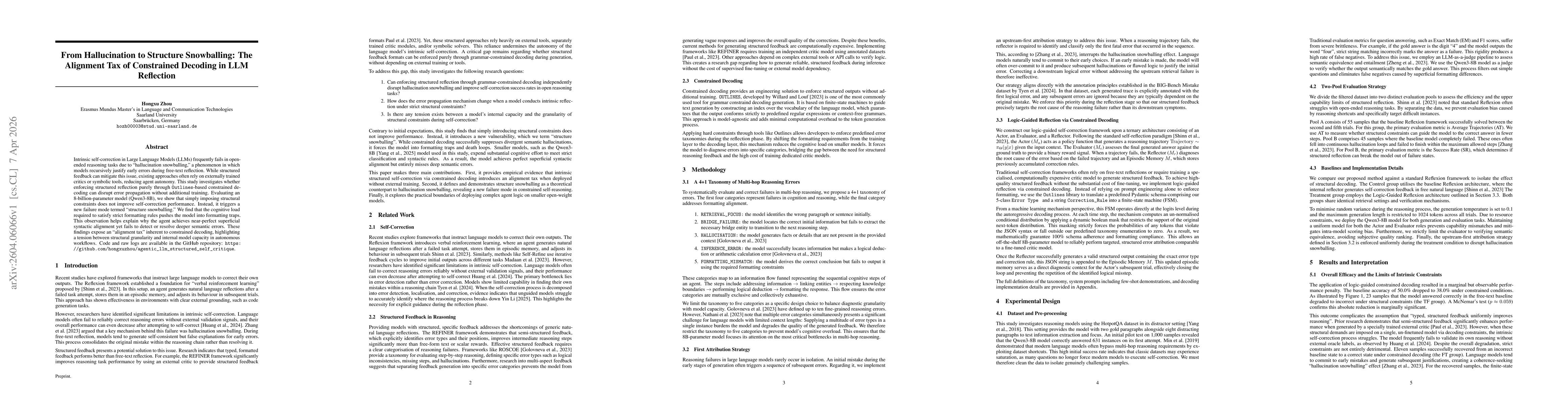 Thumbnail for From Hallucination to Structure Snowballing: The Alignment Tax of Constrained Decoding in LLM Reflection