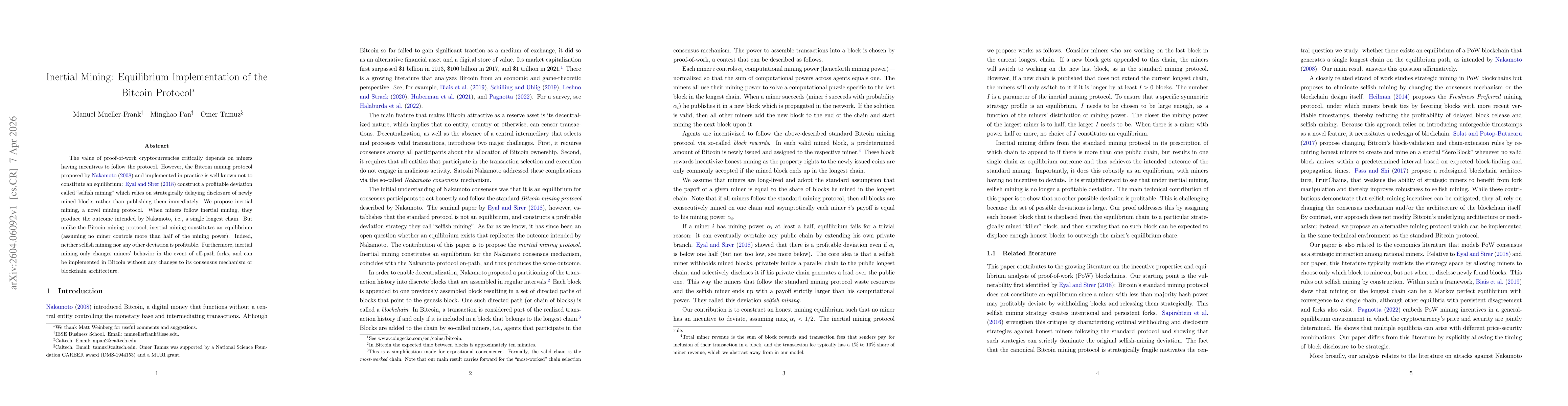 Thumbnail for Inertial Mining: Equilibrium Implementation of the Bitcoin Protocol