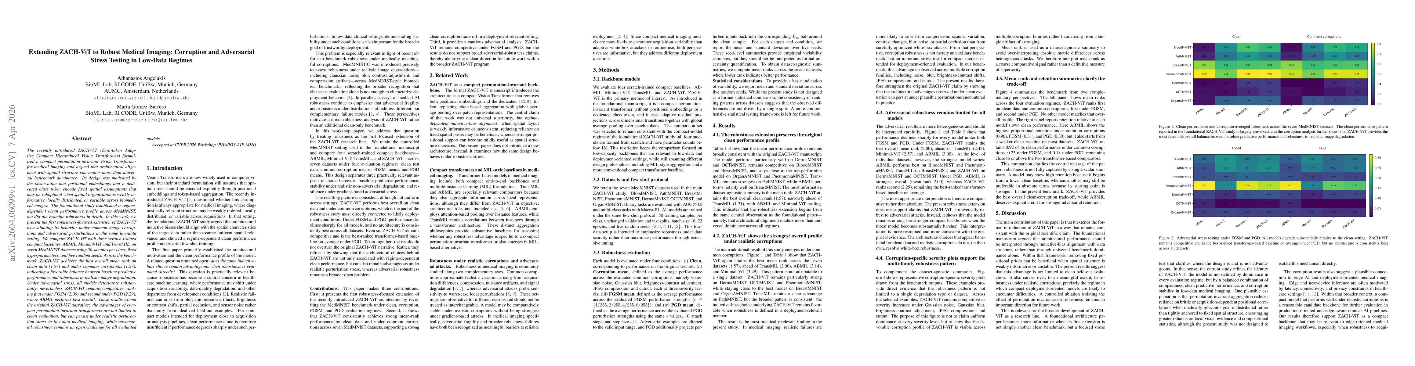 Thumbnail for Extending ZACH-ViT to Robust Medical Imaging: Corruption and Adversarial Stress Testing in Low-Data Regimes