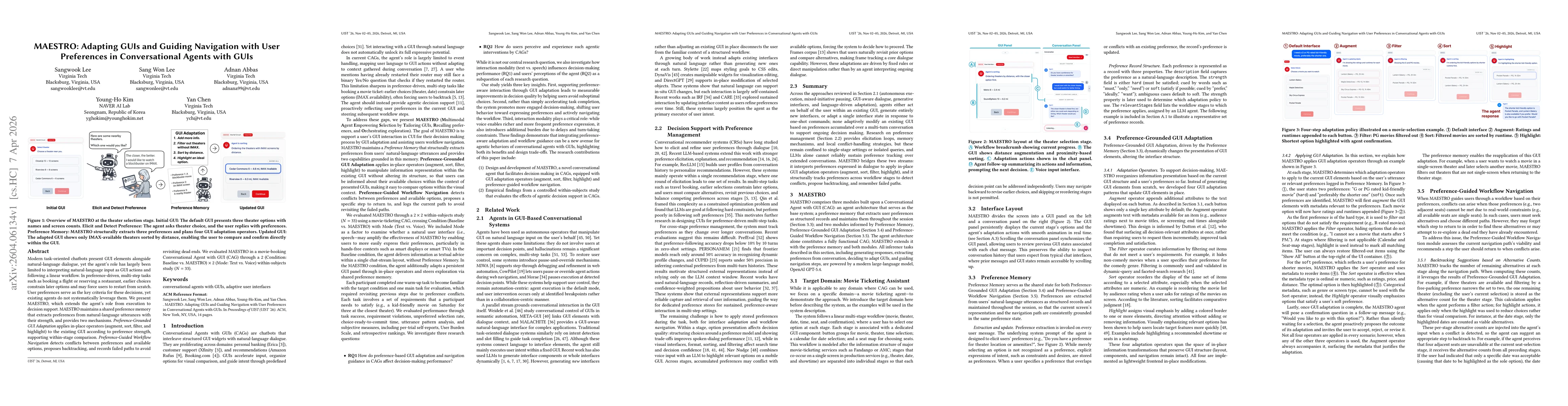 Thumbnail for MAESTRO: Adapting GUIs and Guiding Navigation with User Preferences in Conversational Agents with GUIs