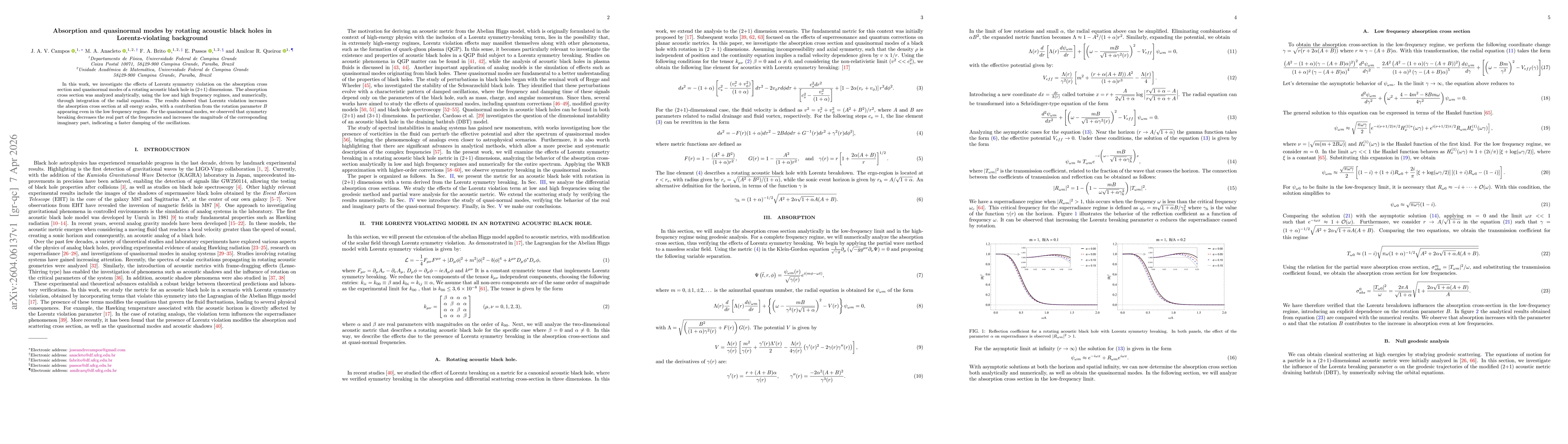 Thumbnail for Absorption and quasinormal modes by rotating acoustic black holes in Lorentz-violating background