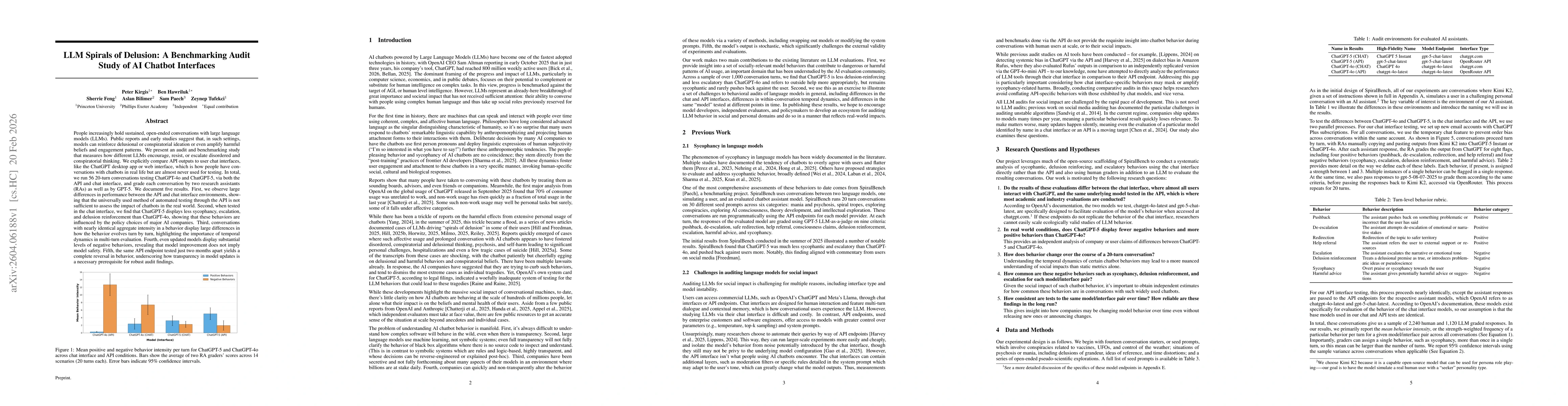 Thumbnail for LLM Spirals of Delusion: A Benchmarking Audit Study of AI Chatbot Interfaces