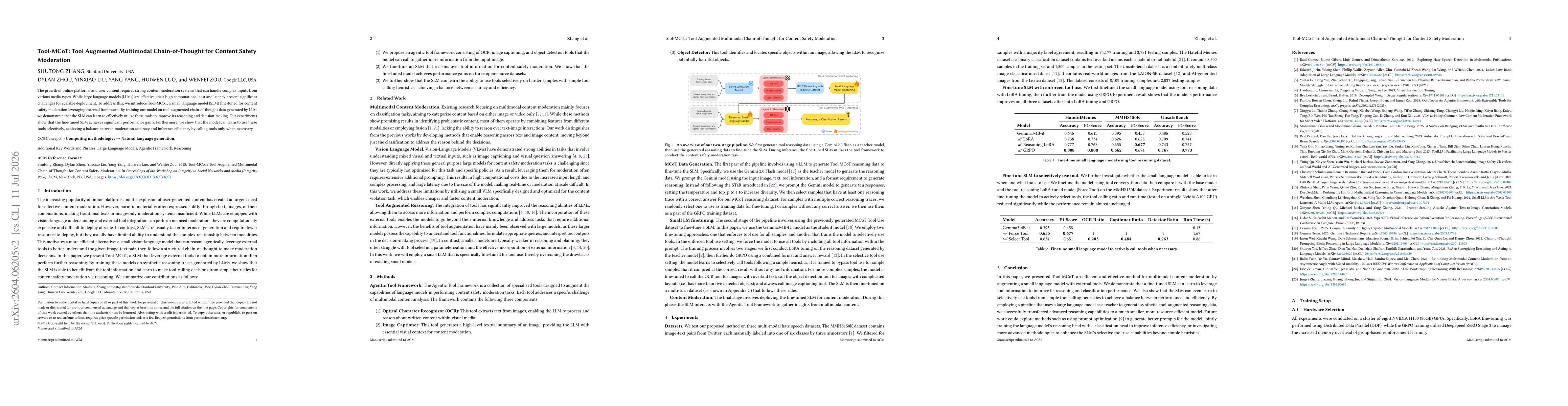 Thumbnail for Tool-MCoT: Tool Augmented Multimodal Chain-of-Thought for Content Safety Moderation