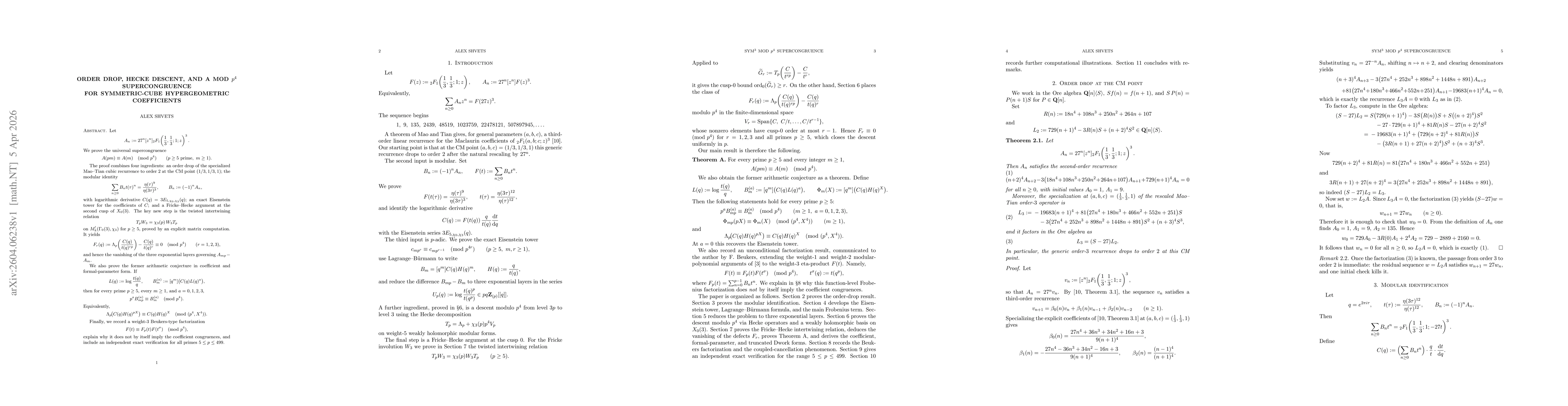 Thumbnail for Order drop, Hecke descent, and a mod $p^4$ supercongruence for symmetric-cube hypergeometric coefficients