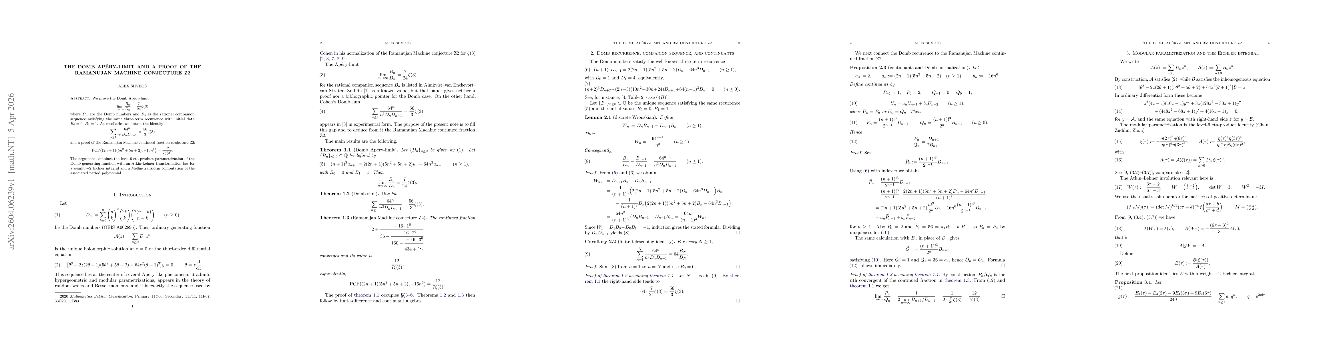 Thumbnail for The Domb Ap'ery-limit and a proof of the Ramanujan Machine conjecture Z2