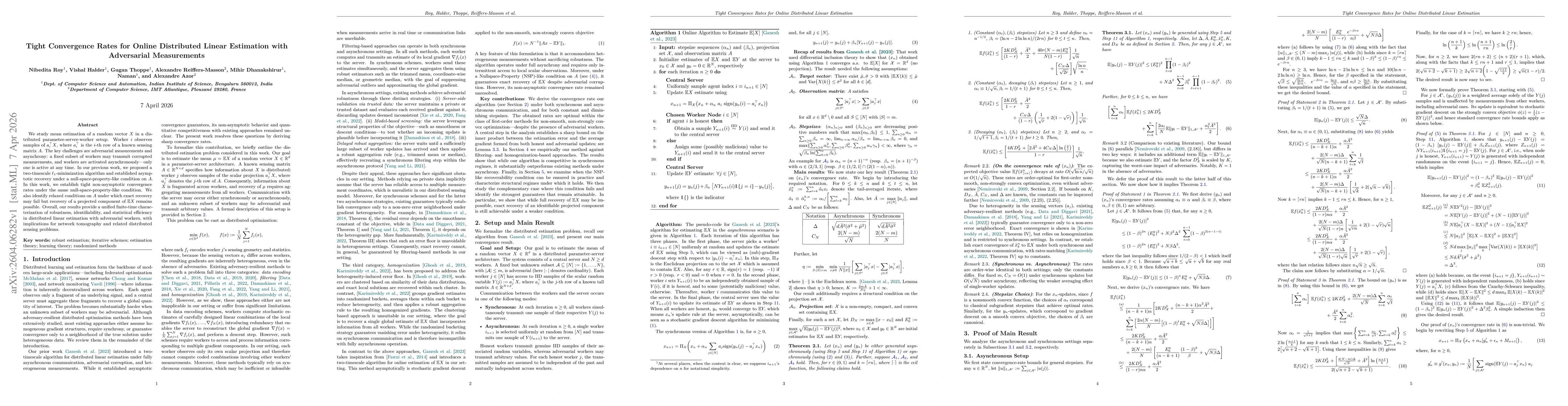 Thumbnail for Tight Convergence Rates for Online Distributed Linear Estimation with Adversarial Measurements