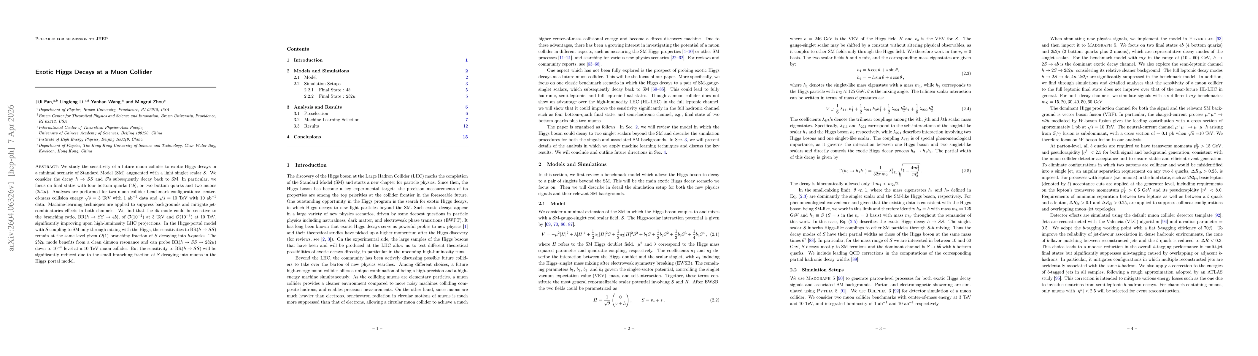 Thumbnail for Exotic Higgs Decays at a Muon Collider