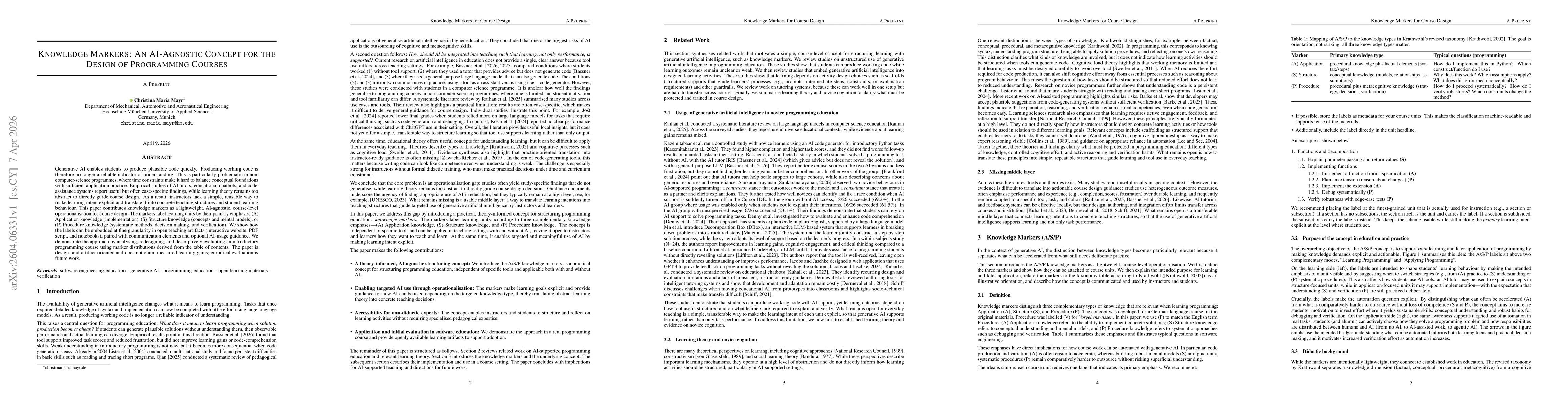 Thumbnail for Knowledge Markers: An AI-Agnostic Concept for the Design of Programming Courses