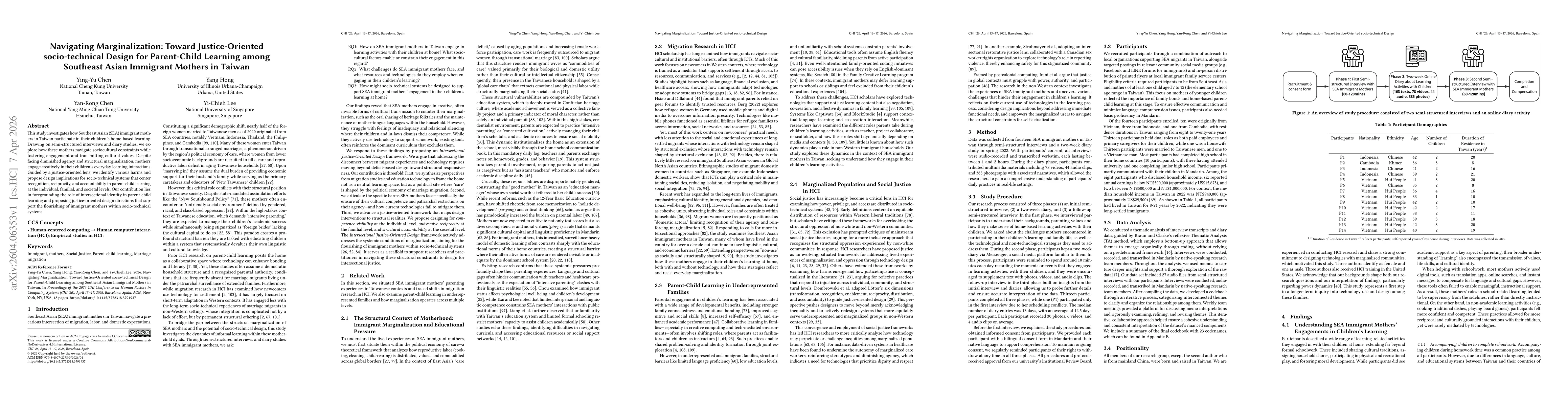 Thumbnail for Navigating Marginalization: Toward Justice-Oriented Socio-Technical Design for Parent-Child Learning among Southeast Asian Immigrant Mothers in Taiwan