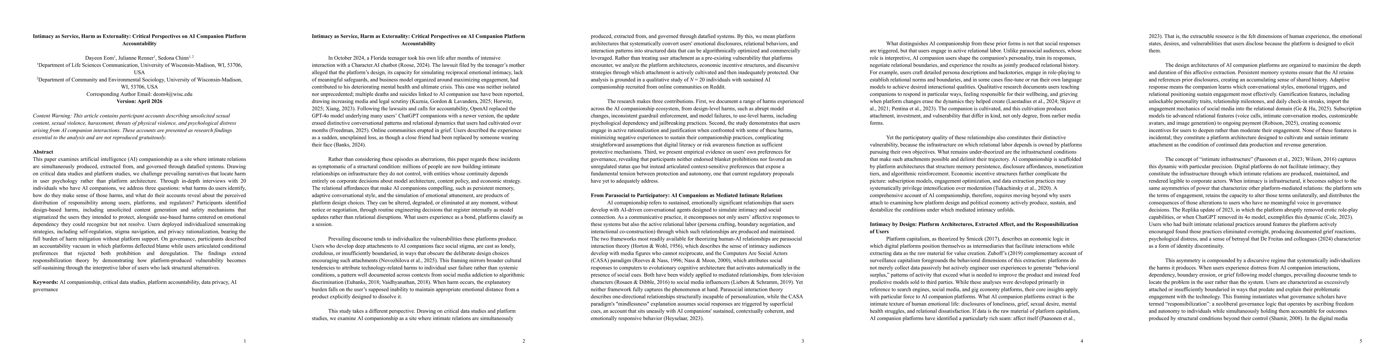 Thumbnail for Intimacy as Service, Harm as Externality: Critical Perspectives on AI Companion Platform Accountability