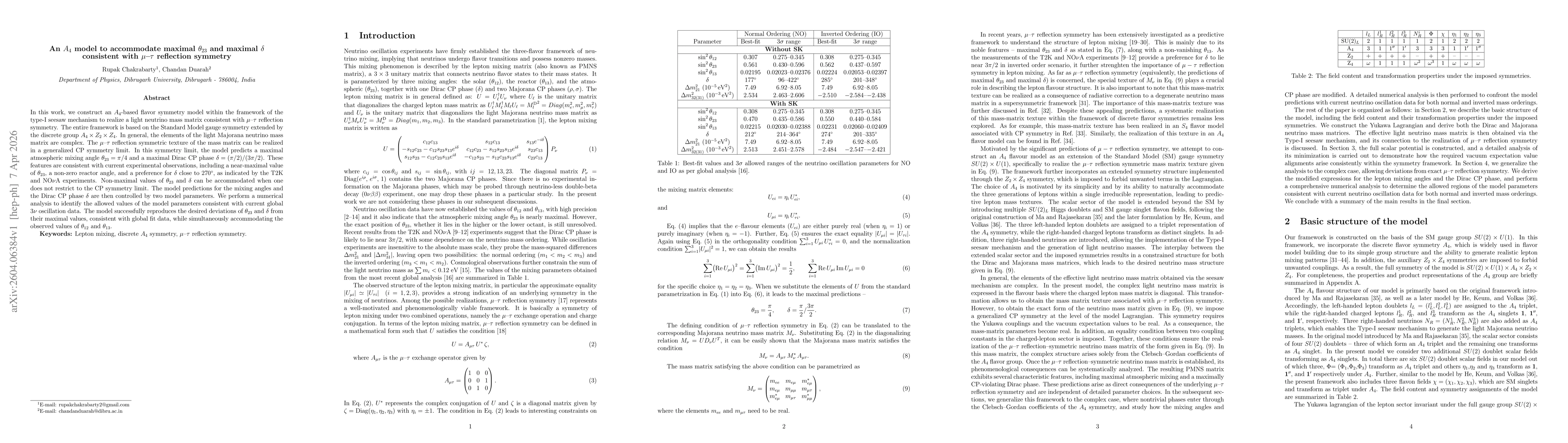 Thumbnail for An A4 model to accommodate maximal theta23 and maximal delta consistent with mu-tau reflection symmetry