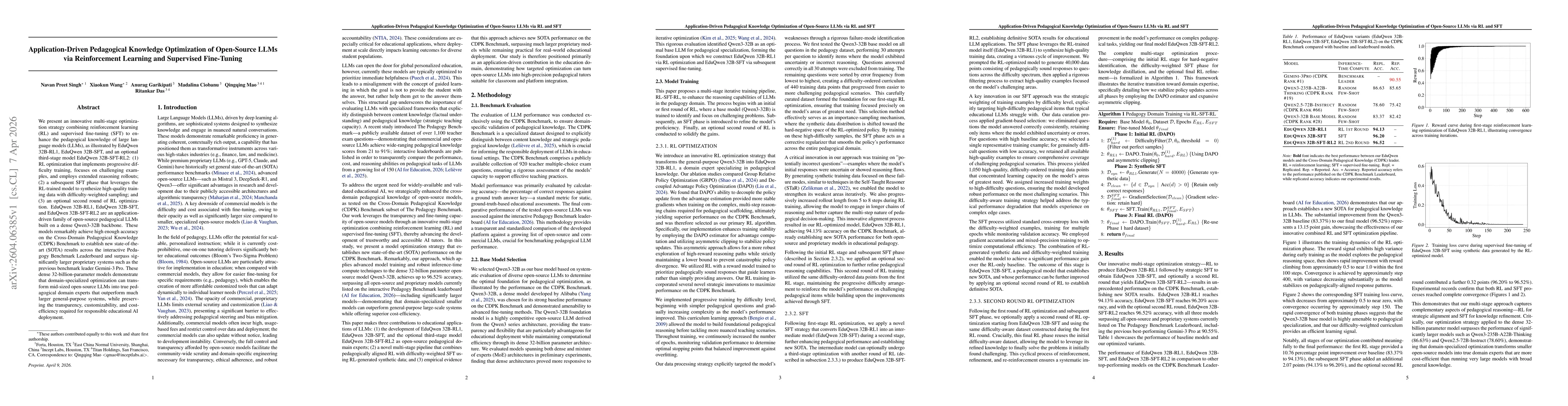 Thumbnail for Application-Driven Pedagogical Knowledge Optimization of Open-Source LLMs via Reinforcement Learning and Supervised Fine-Tuning