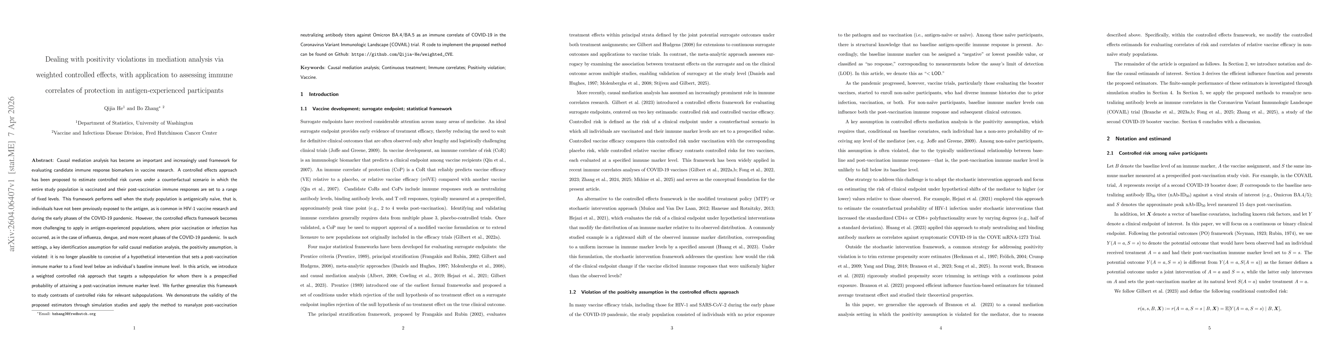 Thumbnail for Dealing with positivity violations in mediation analysis via weighted controlled effects, with application to assessing immune correlates of protection in antigen-experienced participants