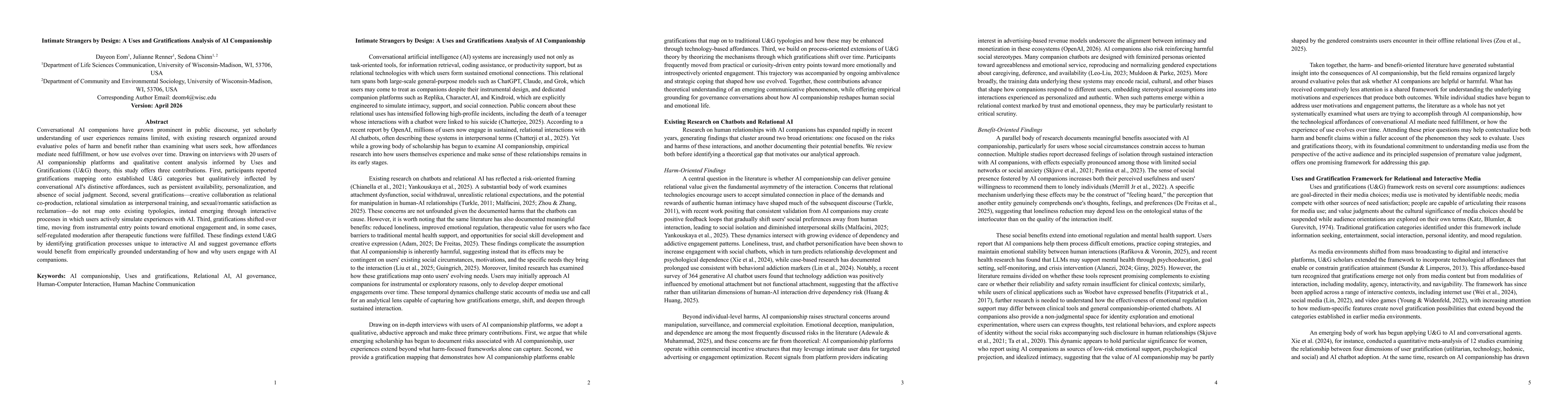 Thumbnail for Intimate Strangers by Design: A Uses and Gratifications Analysis of AI Companionship