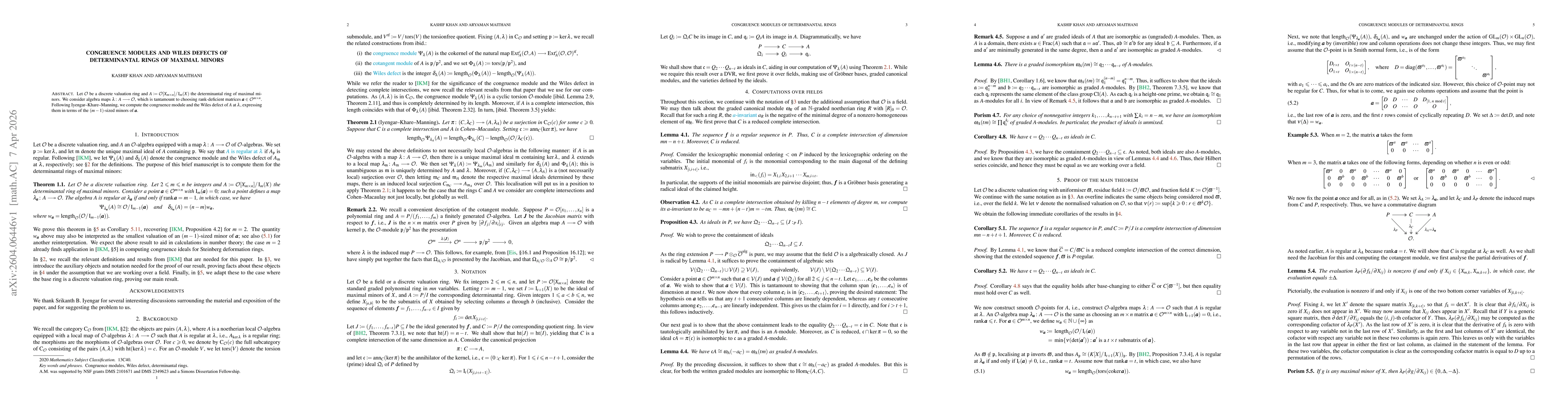 Thumbnail for Congruence modules and Wiles defects of determinantal rings of maximal minors