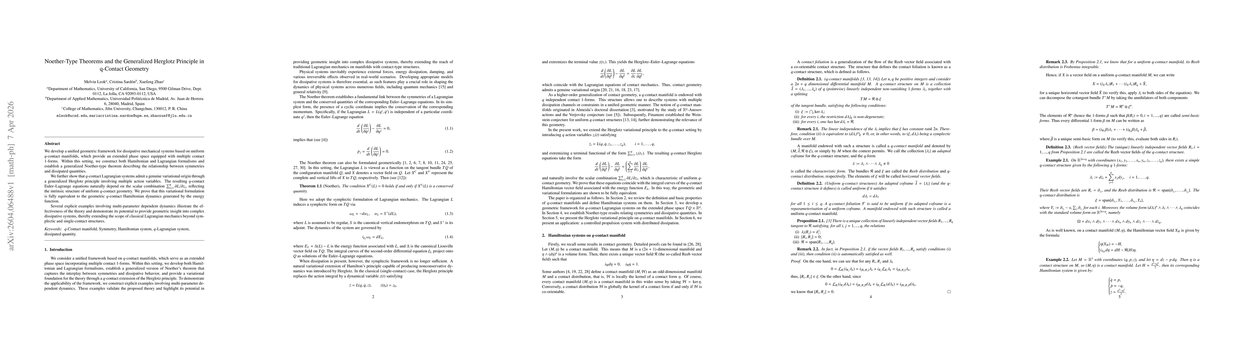 Thumbnail for Noether-Type Theorems and the Generalized Herglotz Principle in $q$-Contact Geometry