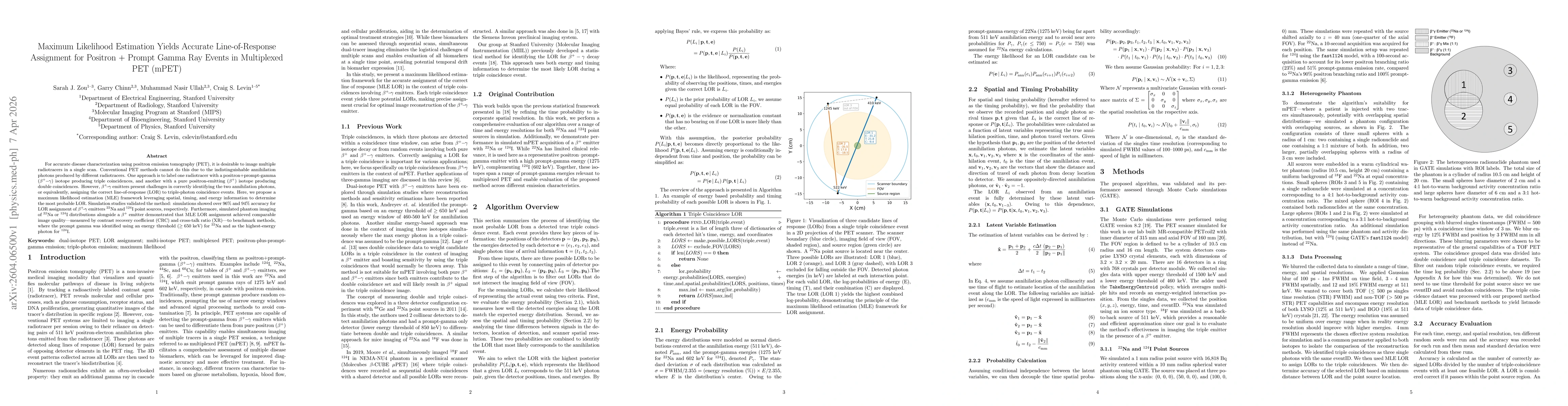 Thumbnail for Maximum Likelihood Estimation Yields Accurate Line-of-Response Assignment for Positron + Prompt Gamma Ray Events in Multiplexed PET (mPET)