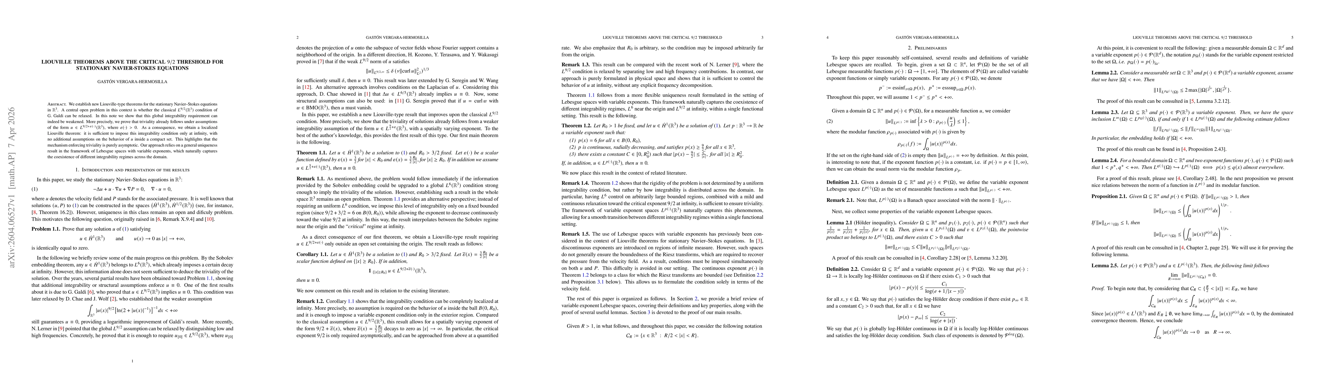 Thumbnail for Liouville Theorems Above the Critical $9/2$ Threshold for Stationary Navier-Stokes Equations