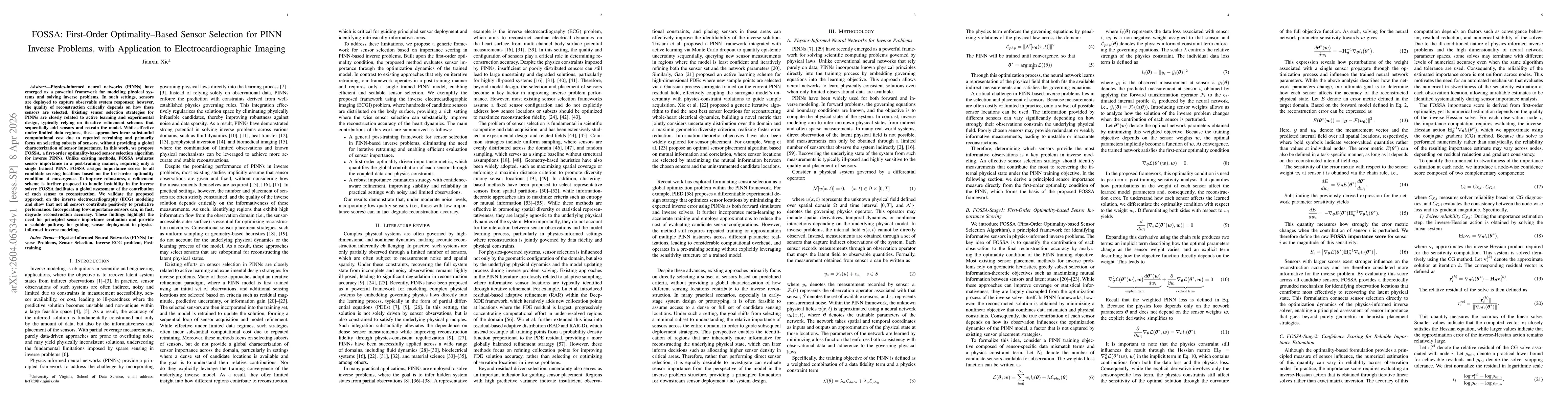 Thumbnail for FOSSA: First-Order Optimality-Based Sensor Selection for PINN Inverse Problems, with Application to Electrocardiographic Imaging