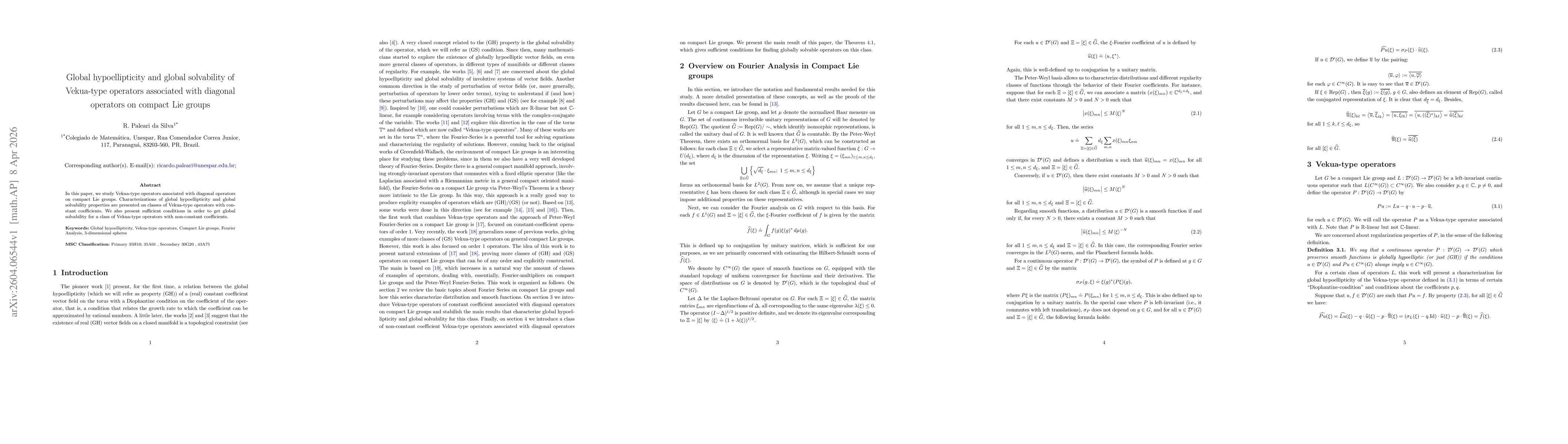 Thumbnail for Global hypoellipticity and global solvability of Vekua-type operators associated with diagonal operators on compact Lie groups
