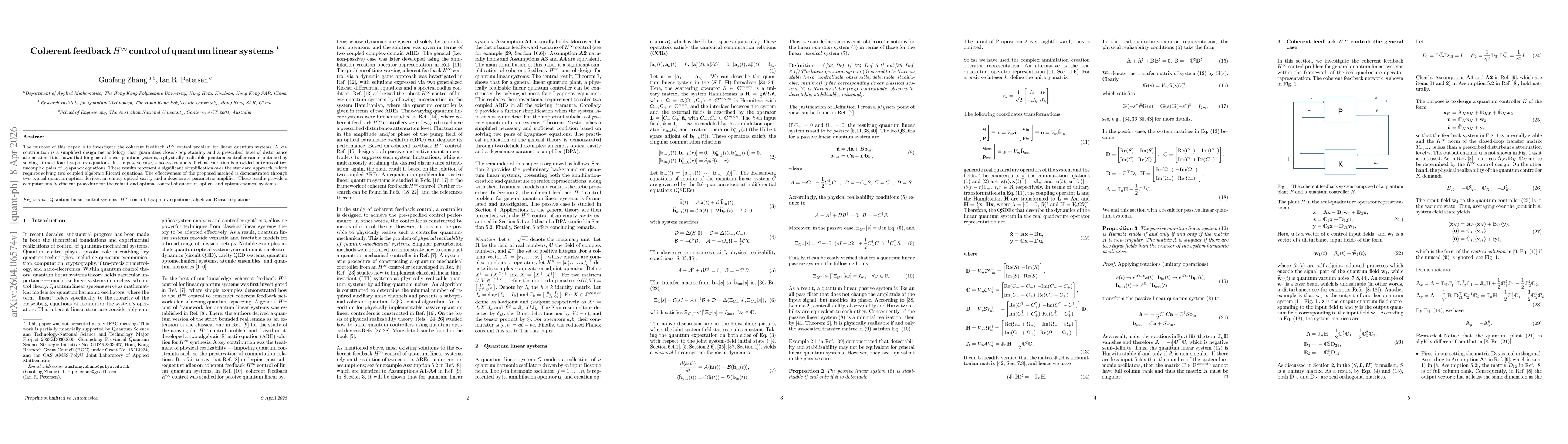 Thumbnail for Coherent feedback $H^\infty$ control of quantum linear systems