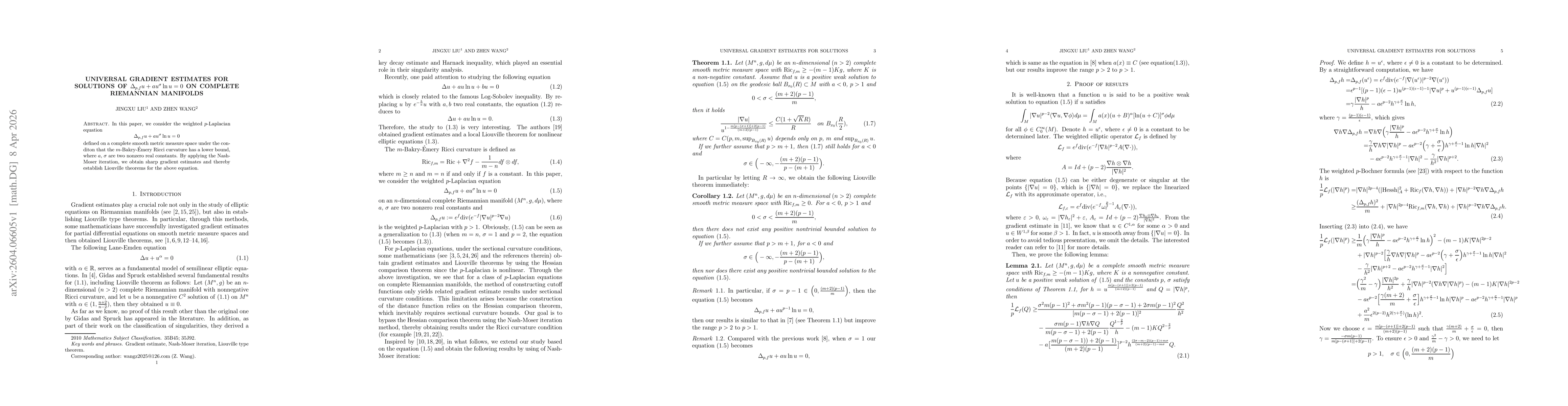Thumbnail for Universal gradient estimates for solutions of $Δ_{p,f}u+au^σ\ln u=0$ on complete Riemannian manifolds