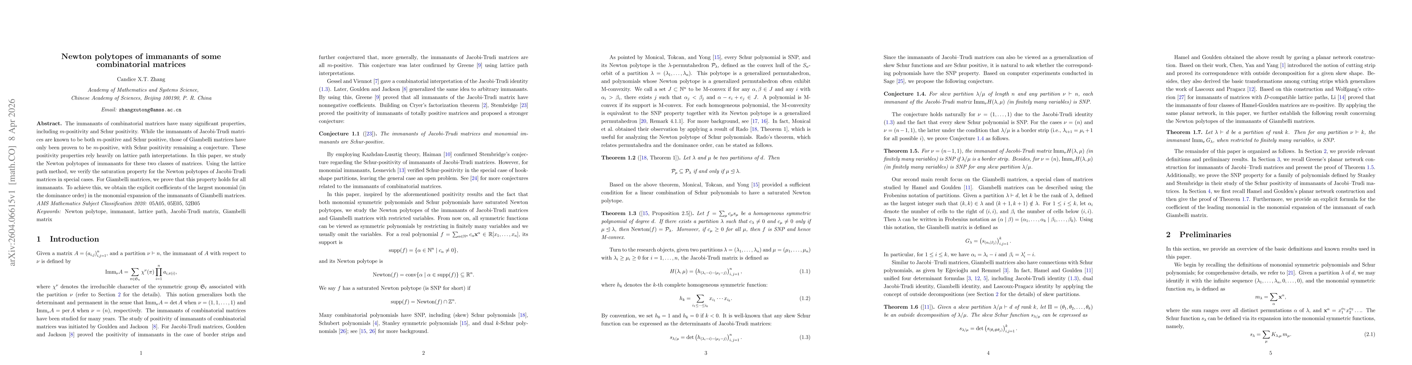 Thumbnail for Newton polytopes of immanants of some combinatorial matrices
