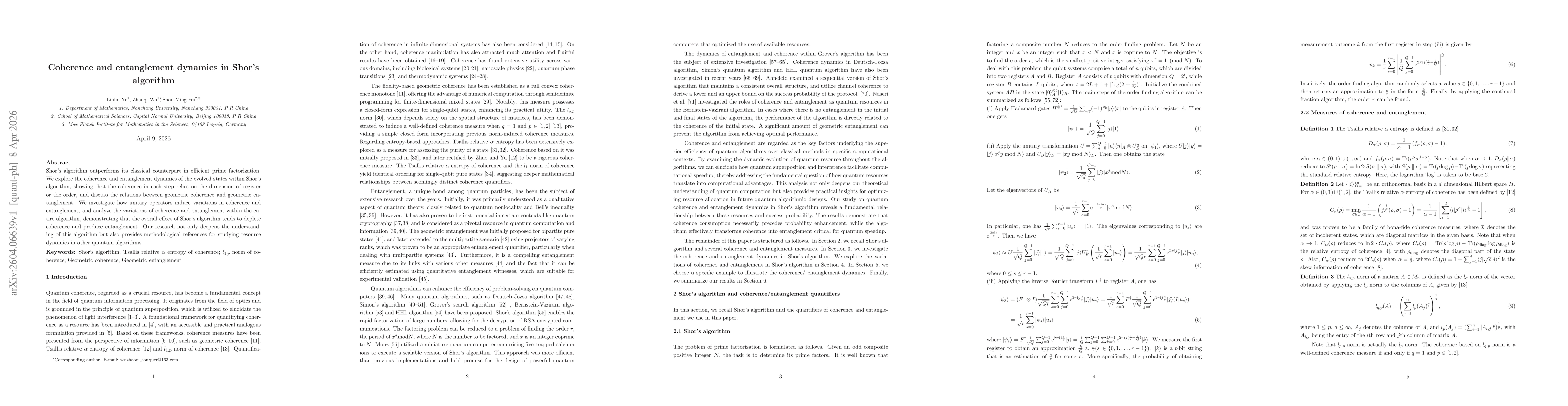 Thumbnail for Coherence and entanglement dynamics in Shor's algorithm