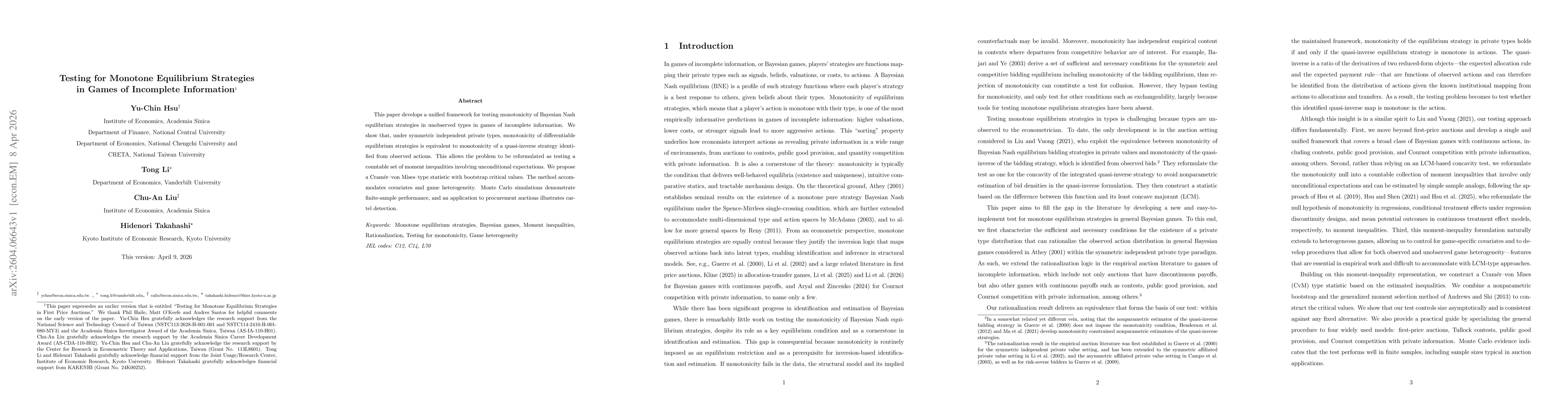 Thumbnail for Testing for Monotone Equilibrium Strategies in Games of Incomplete Information
