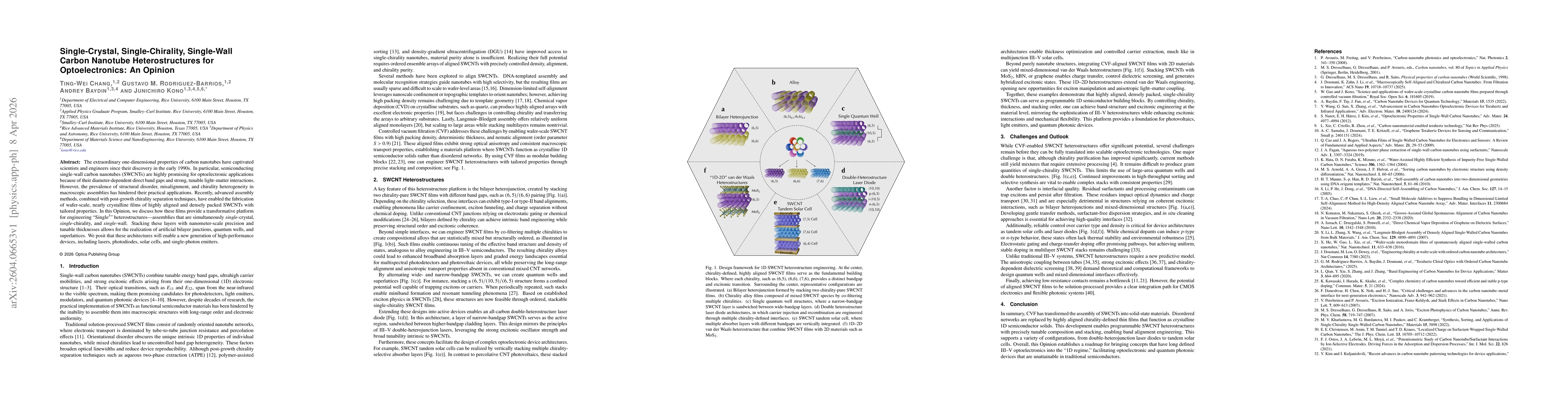 Thumbnail for Single-Crystal, Single-Chirality, Single-Wall Carbon Nanotube Heterostructures for Optoelectronics: An Opinion