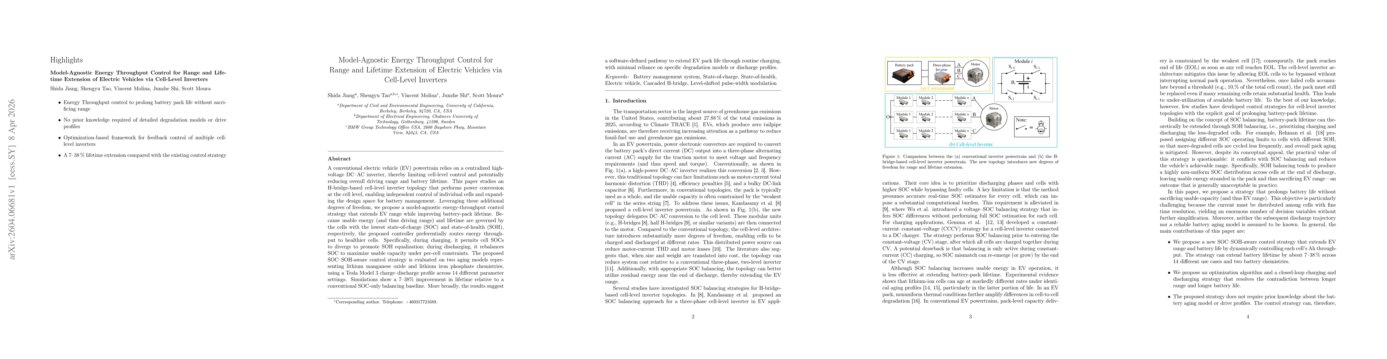 Thumbnail for Model-Agnostic Energy Throughput Control for Range and Lifetime Extension of Electric Vehicles via Cell-Level Inverters