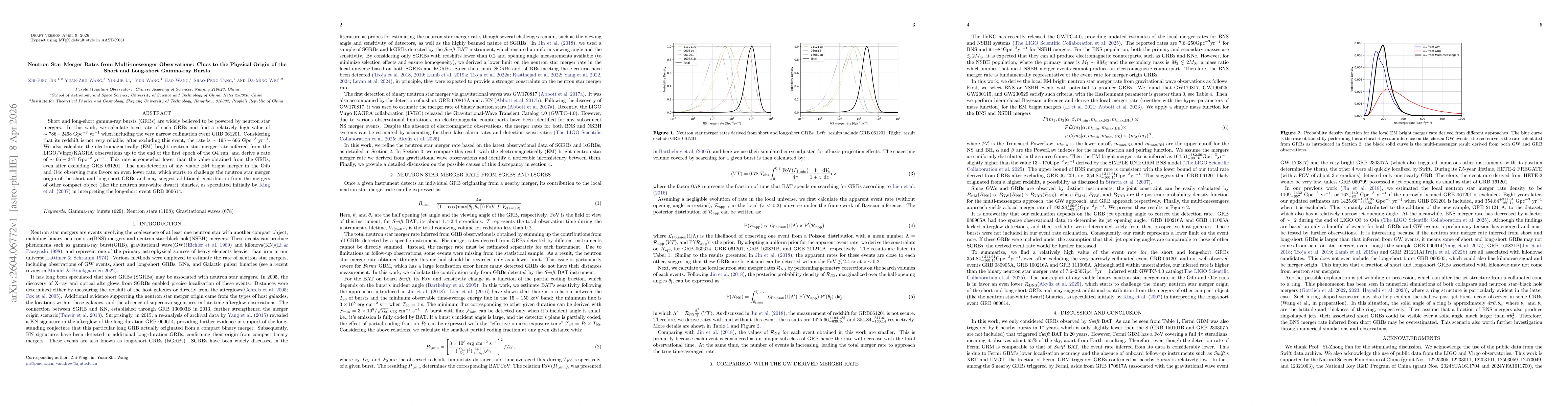 Thumbnail for Neutron Star Merger Rates from Multi-messenger Observations: Clues to the Physical Origin of the Short and Long-short Gamma-ray Bursts