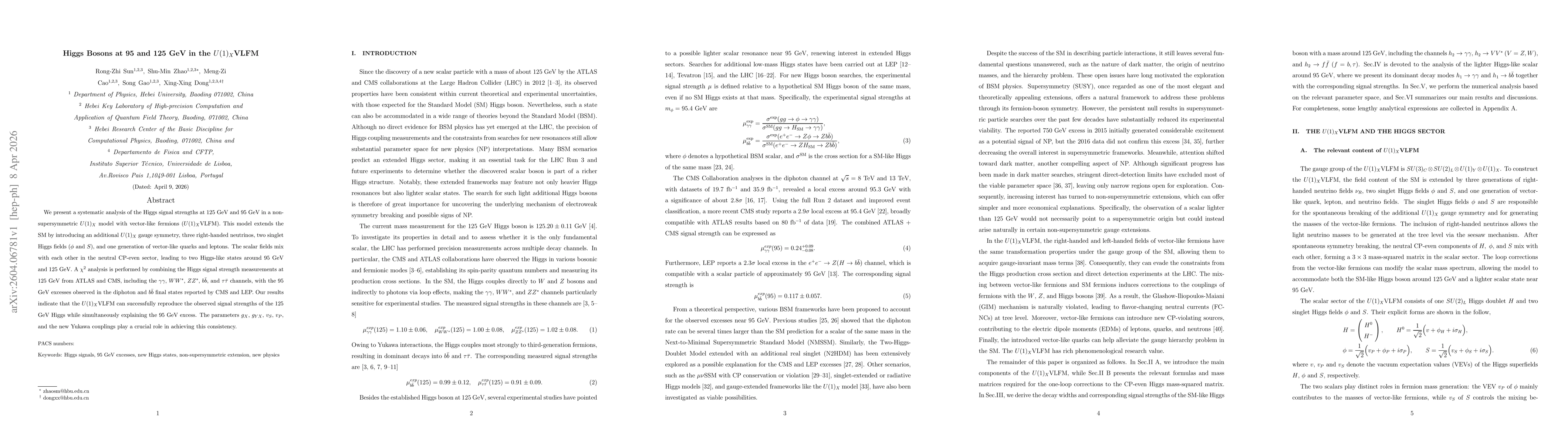 Thumbnail for Higgs Bosons at 95 and 125 GeV in the $U(1)_X$VLFM