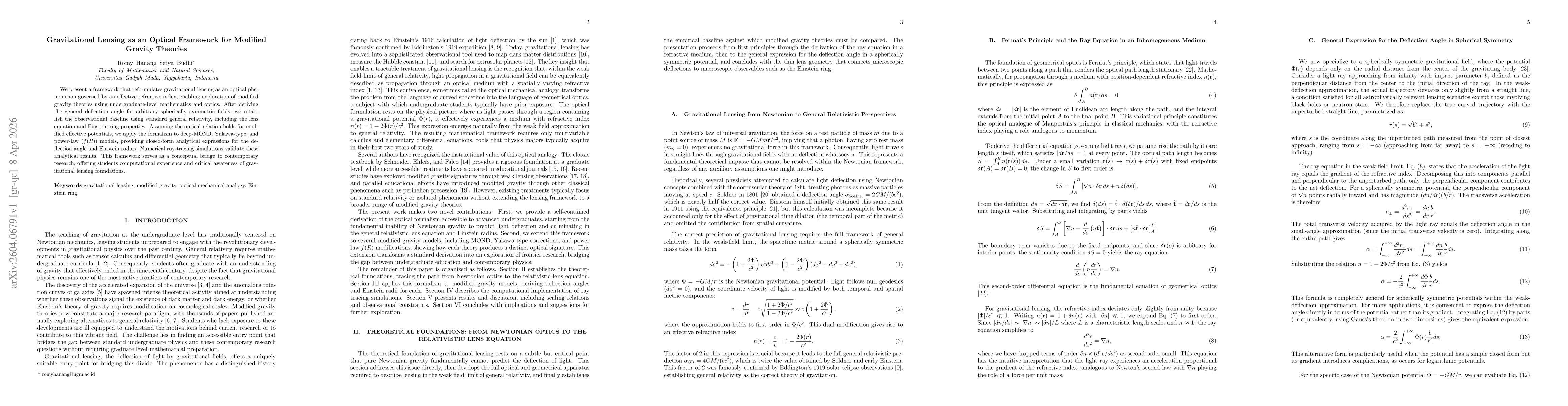 Thumbnail for Gravitational Lensing as an Optical Framework for Modified Gravity Theories