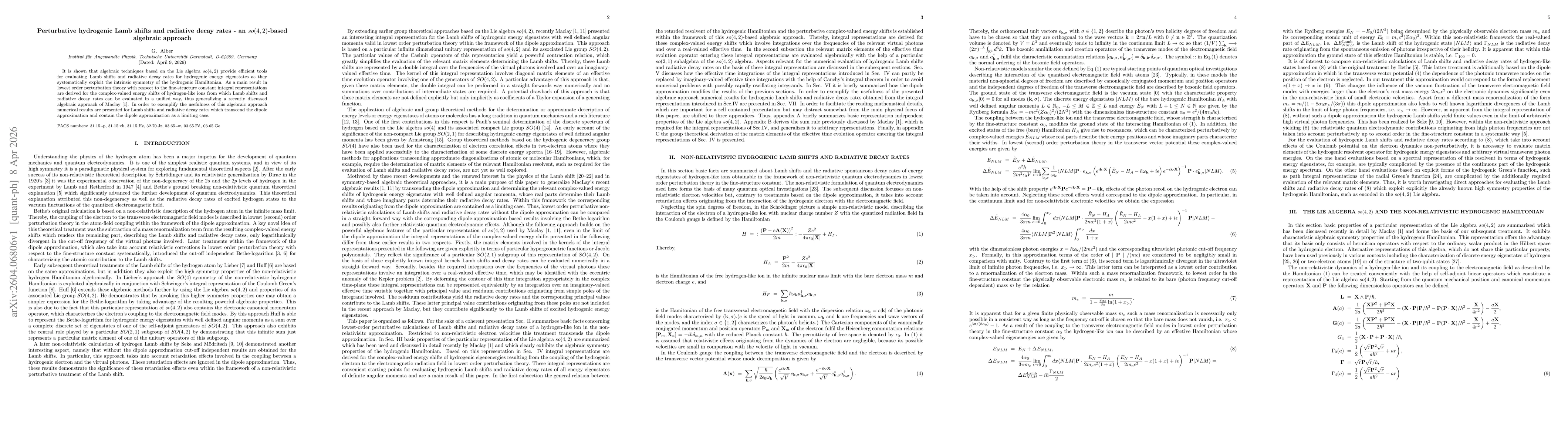 Thumbnail for Perturbative hydrogenic Lamb shifts and radiative decay rates -- an so(4,2)-based algebraic approach