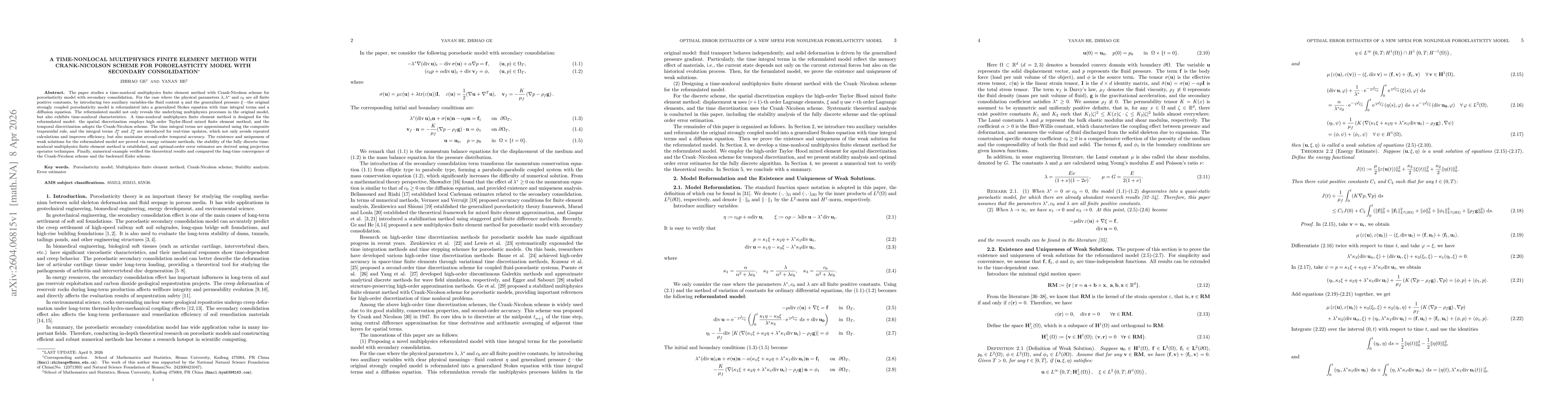 Thumbnail for A time-nonlocal multiphysics finite element method with Crank-Nicolson scheme for poroelasticity model with secondary consolidation