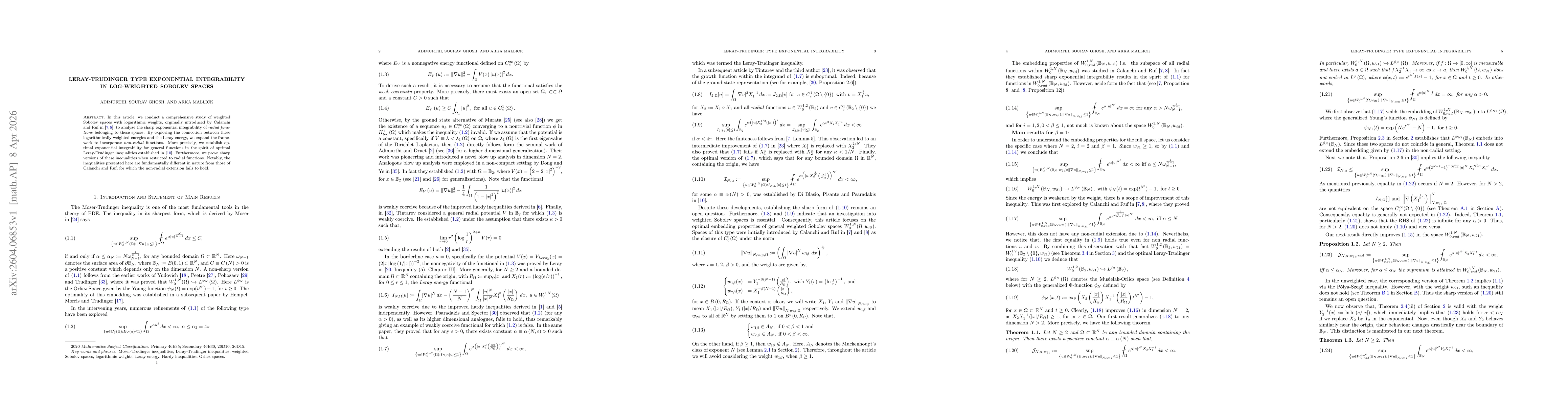 Thumbnail for Leray-Trudinger Type Exponential Integrability in Log-Weighted Sobolev Spaces