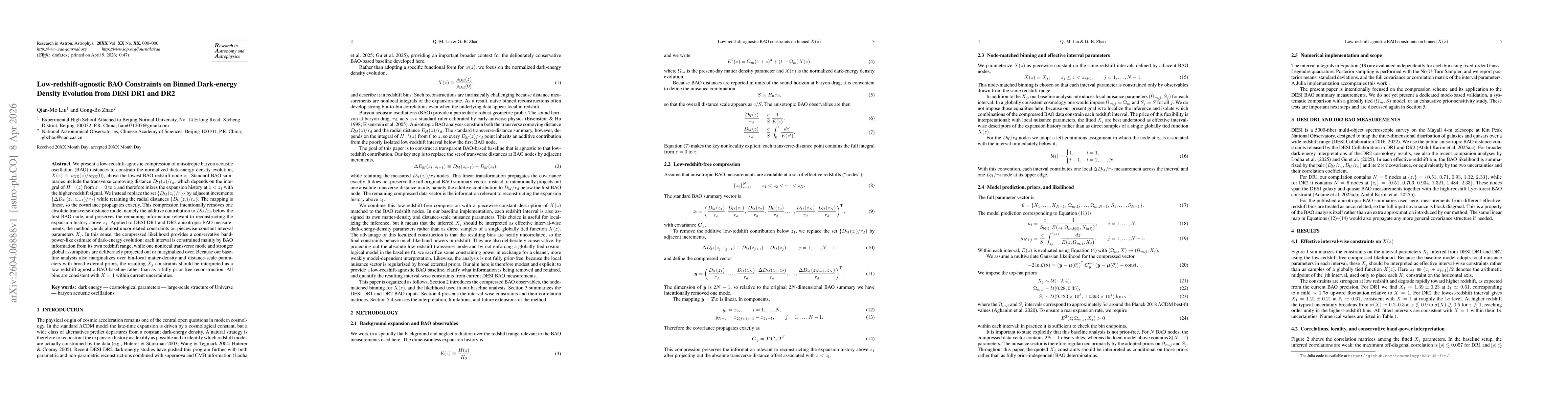 Thumbnail for Low-redshift-agnostic BAO Constraints on Binned Dark-energy Density Evolution from DESI DR1 and DR2