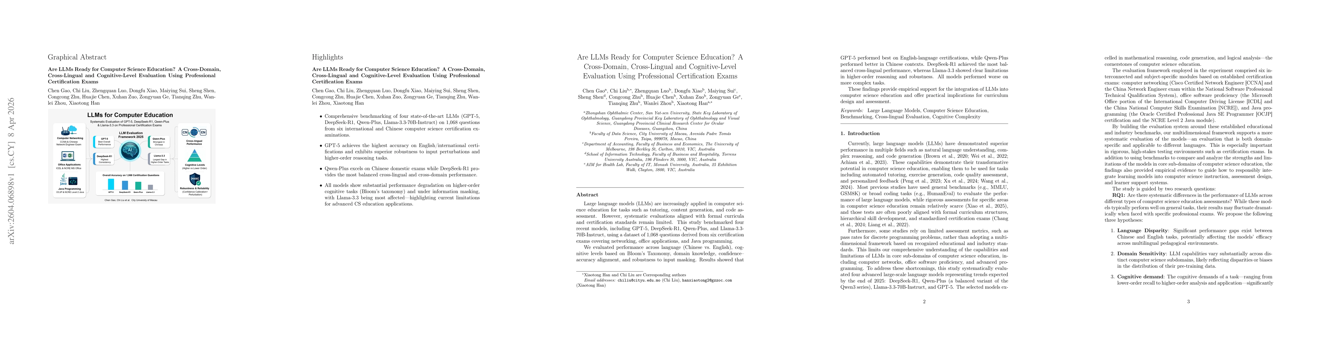 Thumbnail for Are LLMs Ready for Computer Science Education? A Cross-Domain, Cross-Lingual and Cognitive-Level Evaluation Using Professional Certification Exams